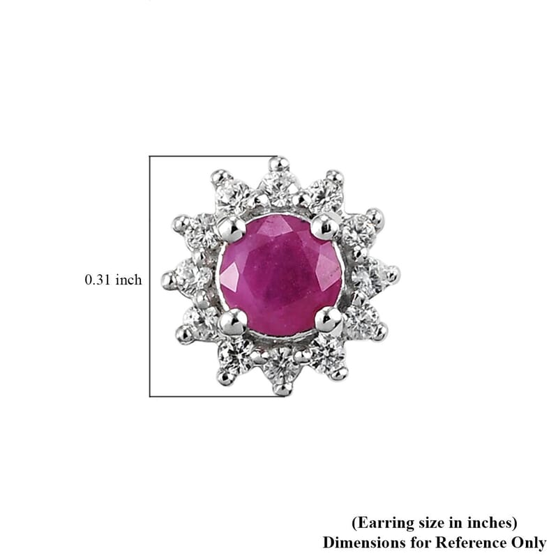 Premium Mozambique Ruby and White Zircon Sunburst Stud Earrings in Platinum Over Sterling Silver 1.00 ctw