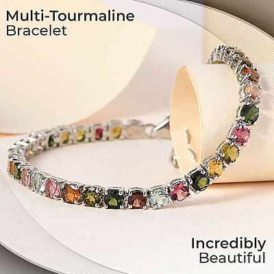 Multi-Tourmaline Tennis Bracelet, Platinum Over Sterling Silver Bracelet, Tourmaline Jewelry For Her (6.50 In) 8.50 ctw