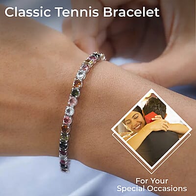 Multi-Tourmaline Tennis Bracelet, Platinum Over Sterling Silver Bracelet, Tourmaline Jewelry For Her (6.50 In) 8.50 ctw