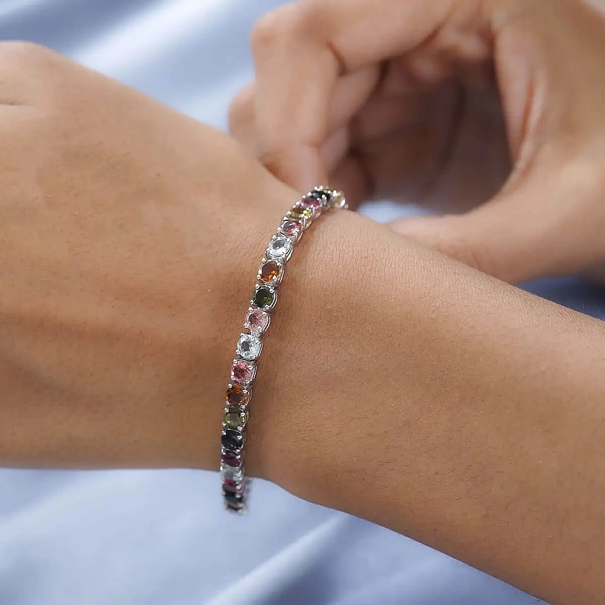 Multi-Tourmaline Tennis Bracelet, Platinum Over Sterling Silver Bracelet, Tourmaline Jewelry For Her (6.50 In) 8.50 ctw