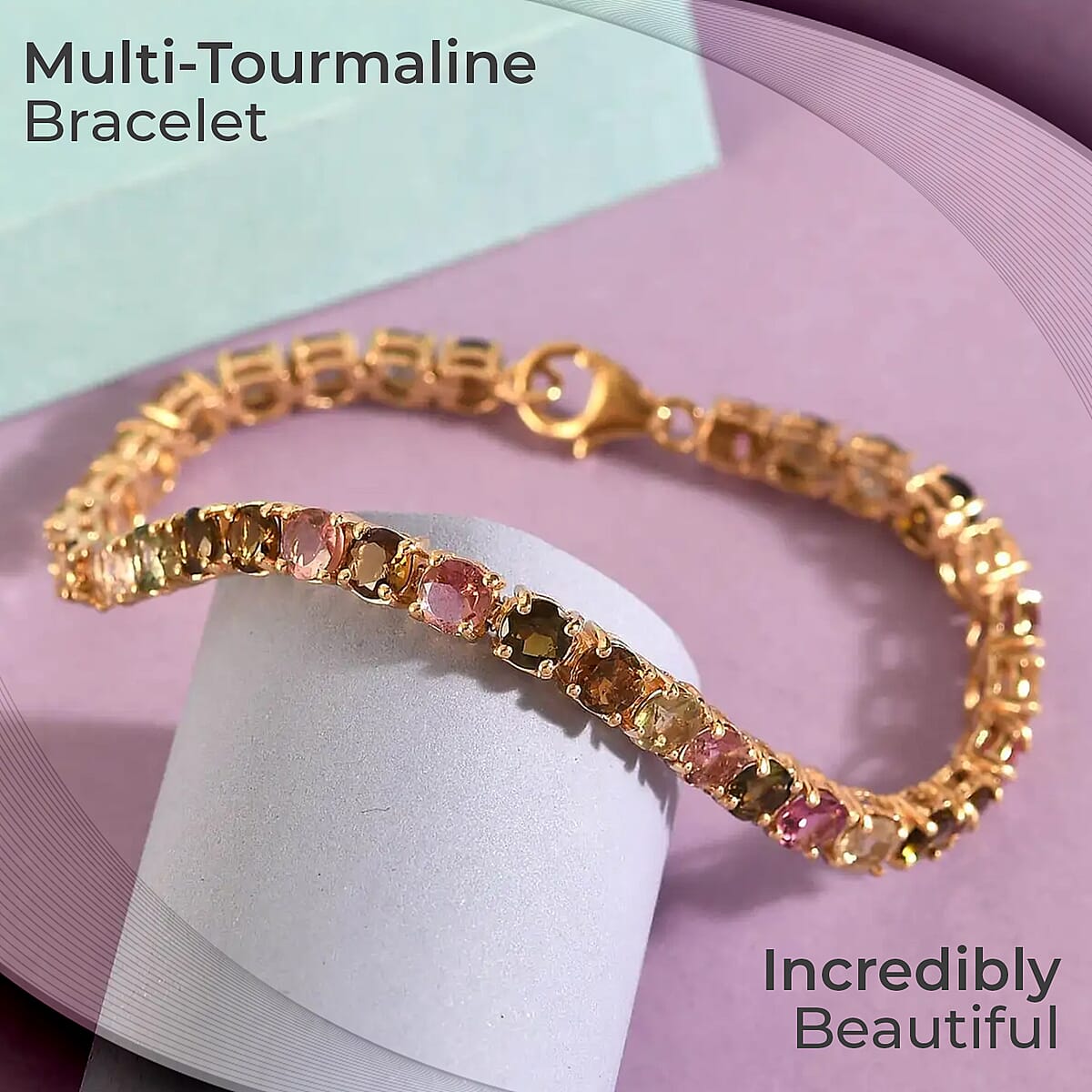Multi-Tourmaline Tennis Bracelet, Vermeil Yellow Gold Over Sterling Silver Bracelet, Tourmaline Jewelry For Her (7.25 In) 11.75 ctw image number 1