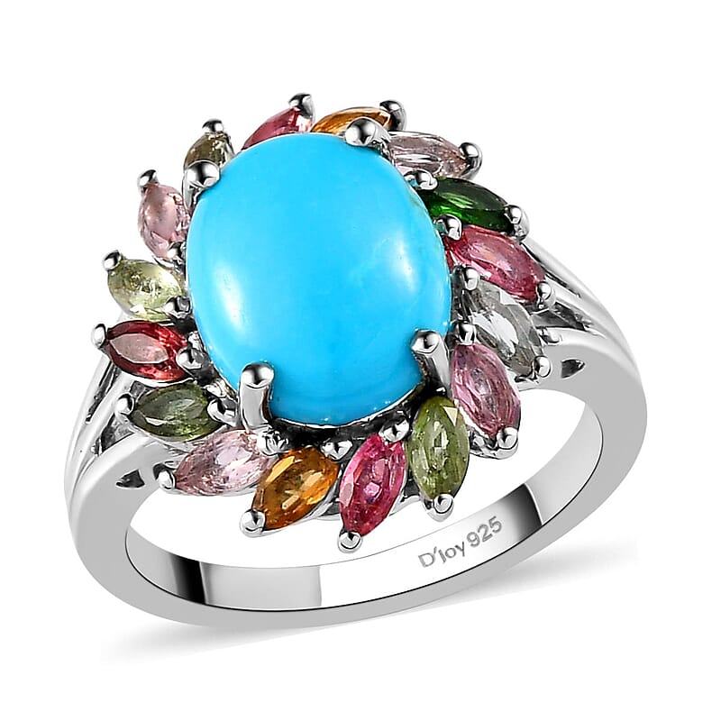 Sleeping Beauty Turquoise and Multi-Tourmaline Cocktail Ring in Platinum Over Sterling Silver (Size 10.0) 4.35 ctw
