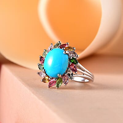 Sleeping Beauty Turquoise and Multi-Tourmaline Cocktail Ring in Platinum Over Sterling Silver (Size 10.0) 4.35 ctw