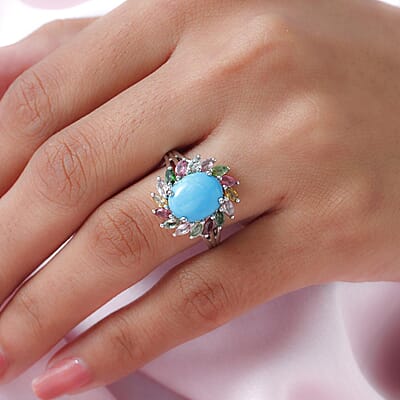Sleeping Beauty Turquoise and Multi-Tourmaline Cocktail Ring in Platinum Over Sterling Silver (Size 10.0) 4.35 ctw