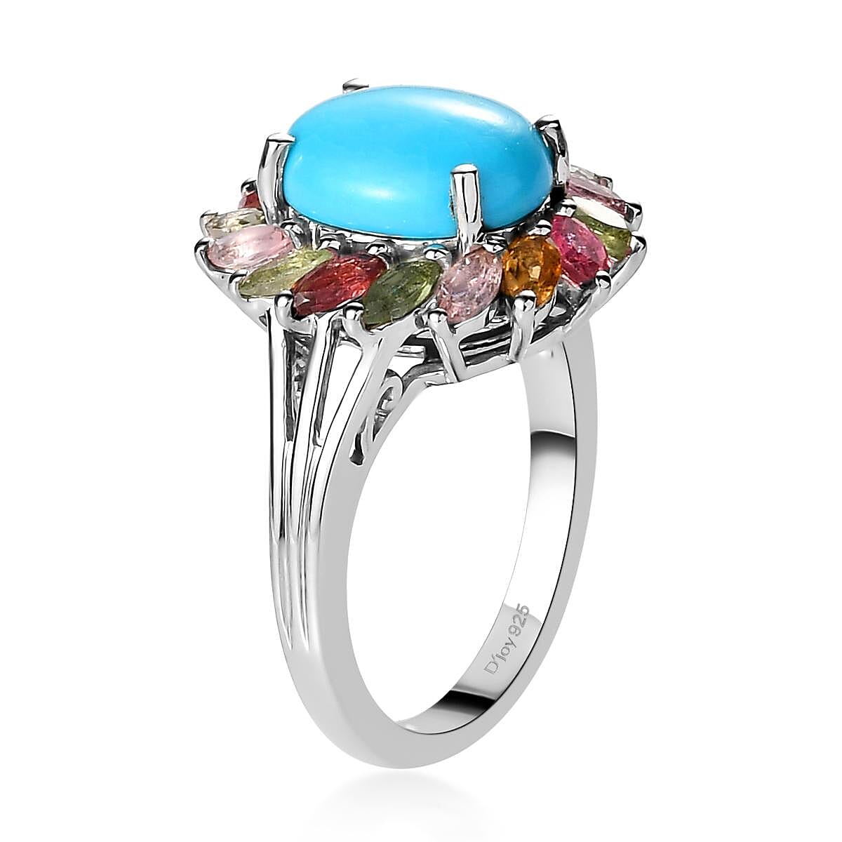 Sleeping Beauty Turquoise and Multi-Tourmaline Cocktail Ring in Platinum Over Sterling Silver (Size 10.0) 4.35 ctw