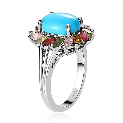 Sleeping Beauty Turquoise and Multi-Tourmaline Cocktail Ring in Platinum Over Sterling Silver (Size 10.0) 4.35 ctw