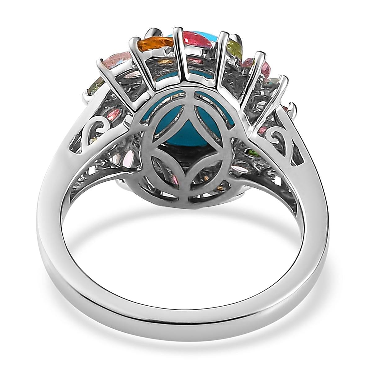 Sleeping Beauty Turquoise and Multi-Tourmaline Cocktail Ring in Platinum Over Sterling Silver (Size 10.0) 4.35 ctw