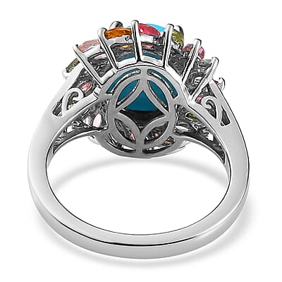 Sleeping Beauty Turquoise and Multi-Tourmaline Cocktail Ring in Platinum Over Sterling Silver (Size 10.0) 4.35 ctw