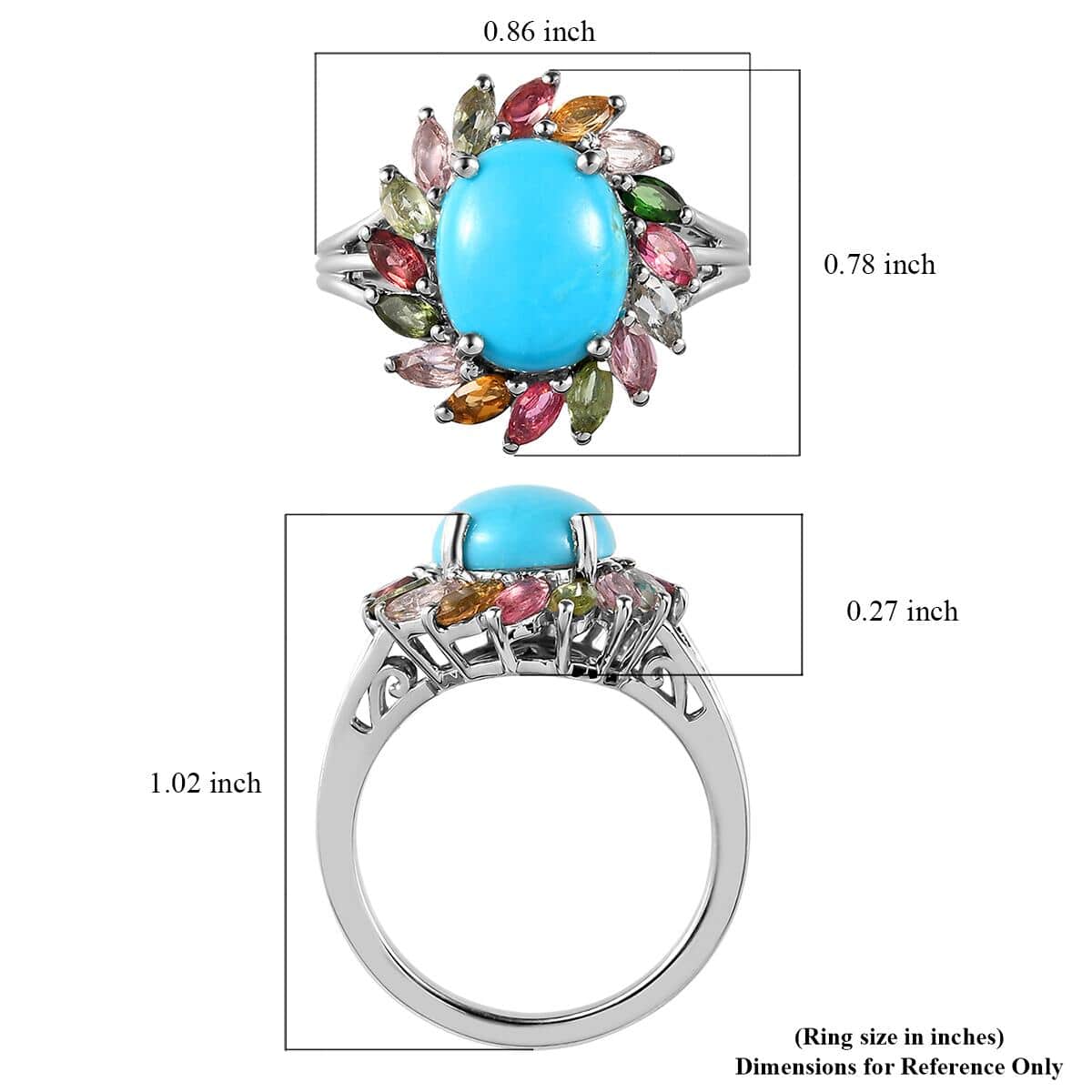 AMERICAN Natural Sleeping Beauty Turquoise and Multi-Tourmaline Cocktail Ring in Platinum Over Sterling Silver (Size 10.0) 4.35 ctw image number 5