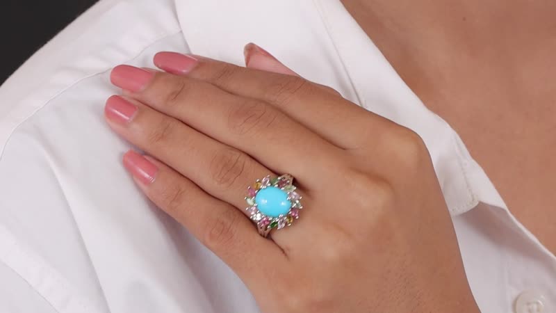 AMERICAN Natural Sleeping Beauty Turquoise and Multi-Tourmaline Cocktail Ring in Platinum Over Sterling Silver (Size 10.0) 4.35 ctw