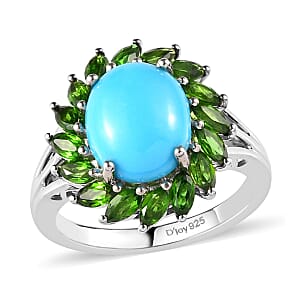 Sleeping Beauty Turquoise and Chrome Diopside Cocktail Ring in Platinum Over Sterling Silver (Size 9.0) 4.25 ctw