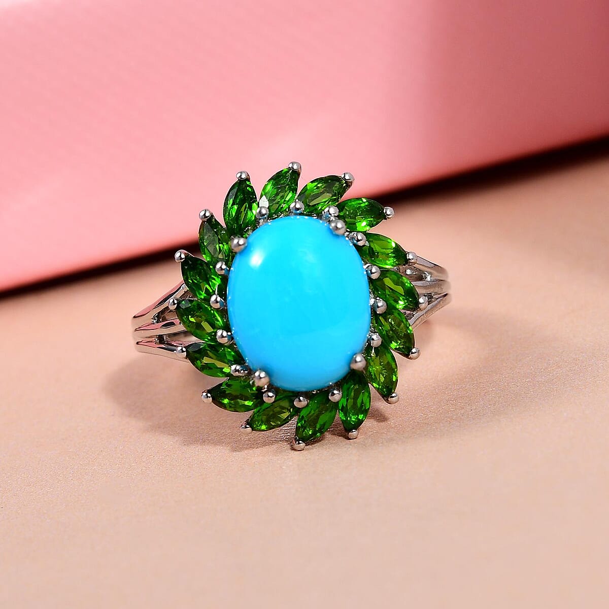 Sleeping Beauty Turquoise and Chrome Diopside Cocktail Ring in Platinum Over Sterling Silver (Size 9.0) 4.25 ctw image number 1