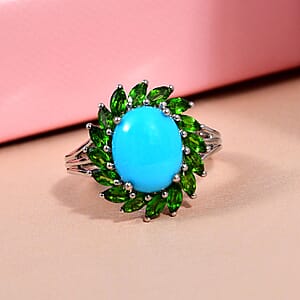 Sleeping Beauty Turquoise and Chrome Diopside Cocktail Ring in Platinum Over Sterling Silver (Size 9.0) 4.25 ctw