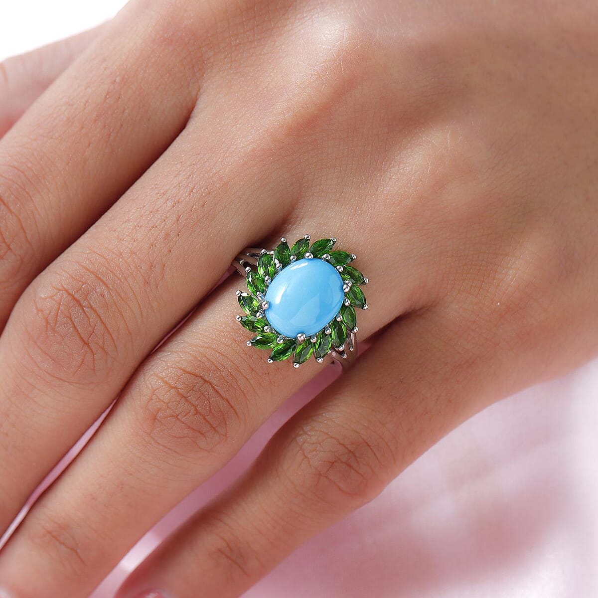 Sleeping Beauty Turquoise and Chrome Diopside Cocktail Ring in Platinum Over Sterling Silver (Size 9.0) 4.25 ctw image number 2