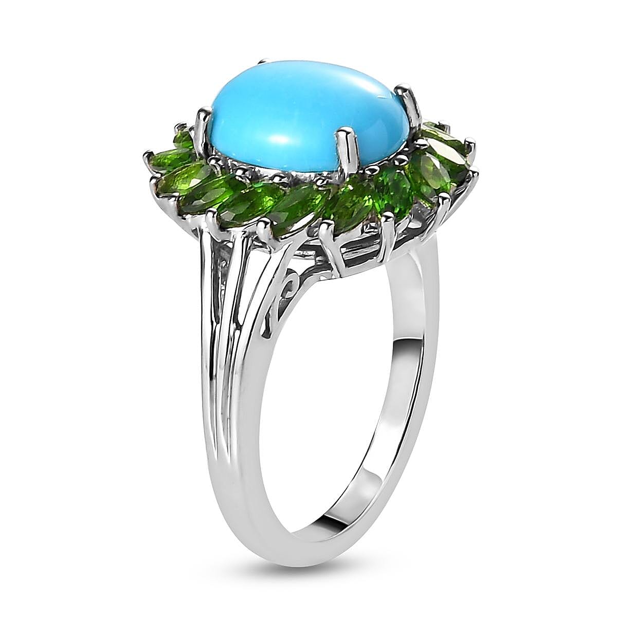 Sleeping Beauty Turquoise and Chrome Diopside Cocktail Ring in Platinum Over Sterling Silver (Size 9.0) 4.25 ctw image number 3