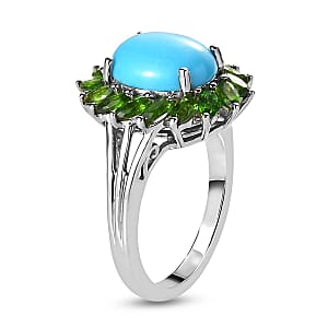 Sleeping Beauty Turquoise and Chrome Diopside Cocktail Ring in Platinum Over Sterling Silver (Size 9.0) 4.25 ctw
