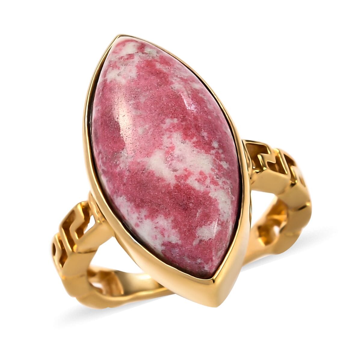 Karis Norwegian Thulite Solitaire Greek Key Ring in 18K YG Plated (Size 6.0) 9.25 ctw image number 0