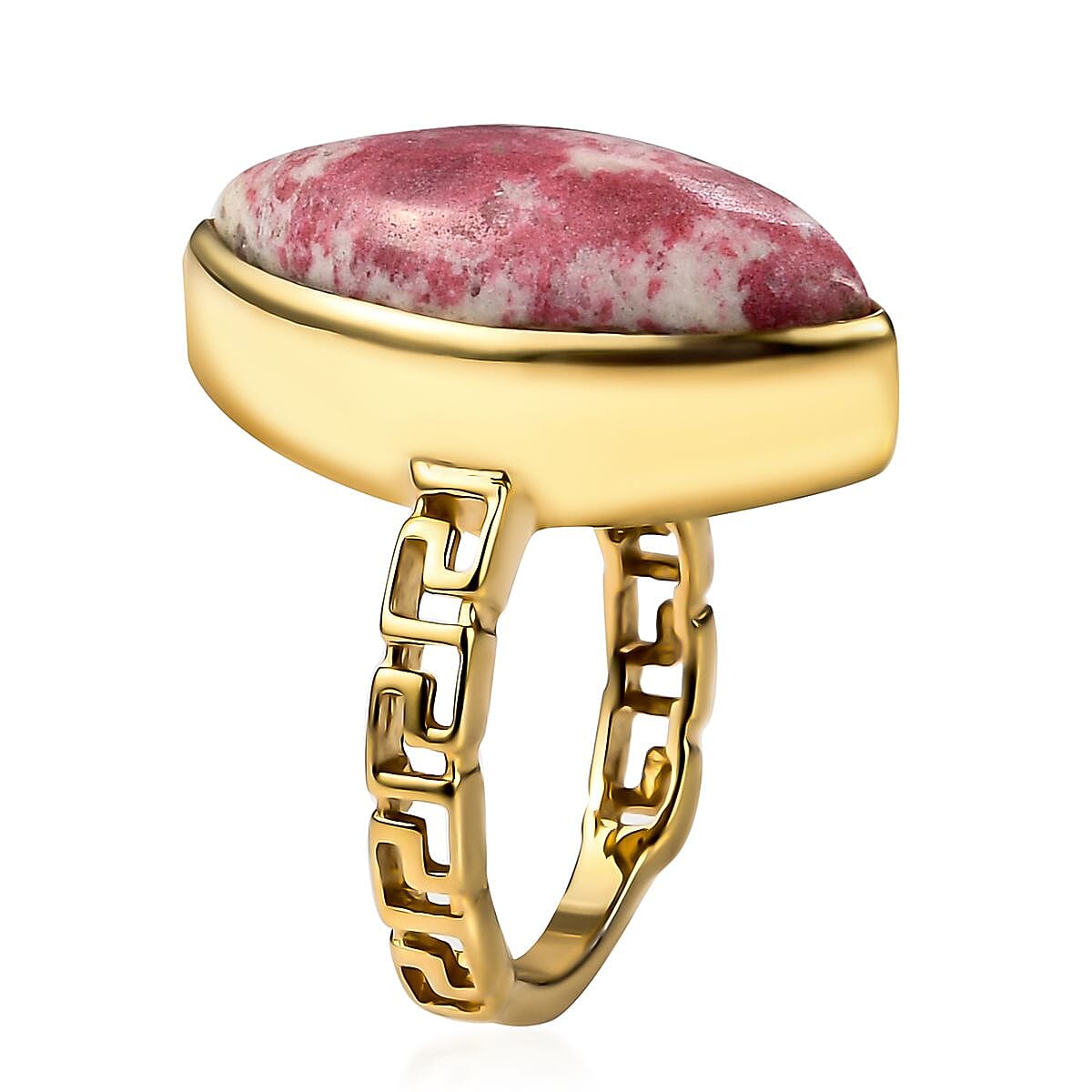 Karis Norwegian Thulite Solitaire Greek Key Ring in 18K YG Plated (Size 9.0) 9.25 ctw image number 3