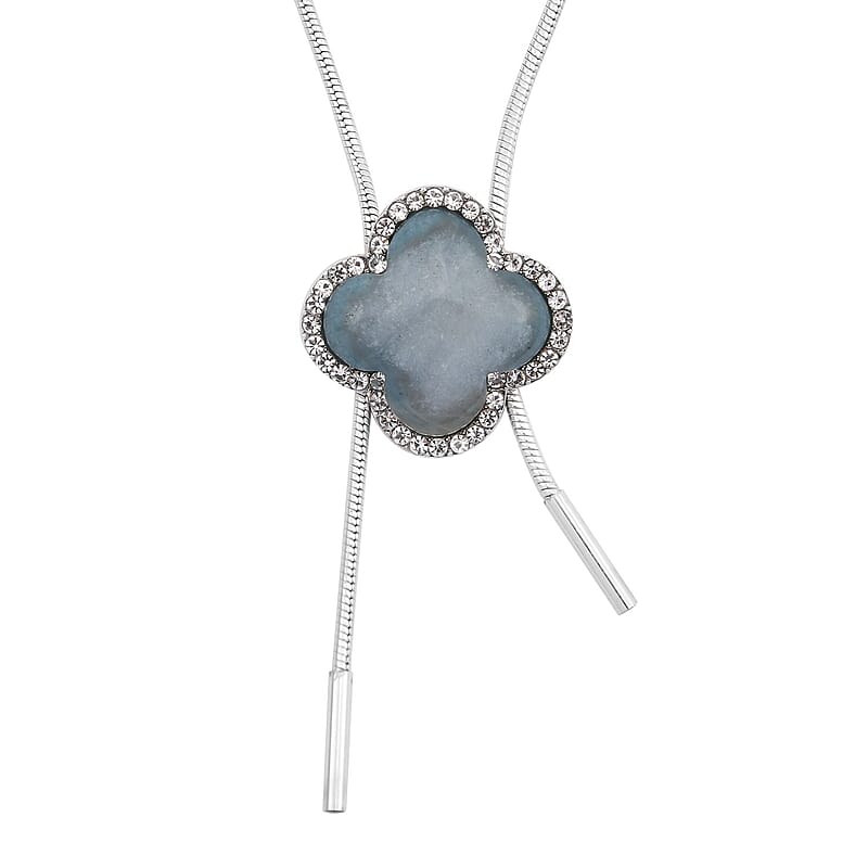 Dark Blue Amazonite and White Austrian Crystal Lariat Adjustable Necklace 18-36 Inches in Silvertone 30.00 ctw