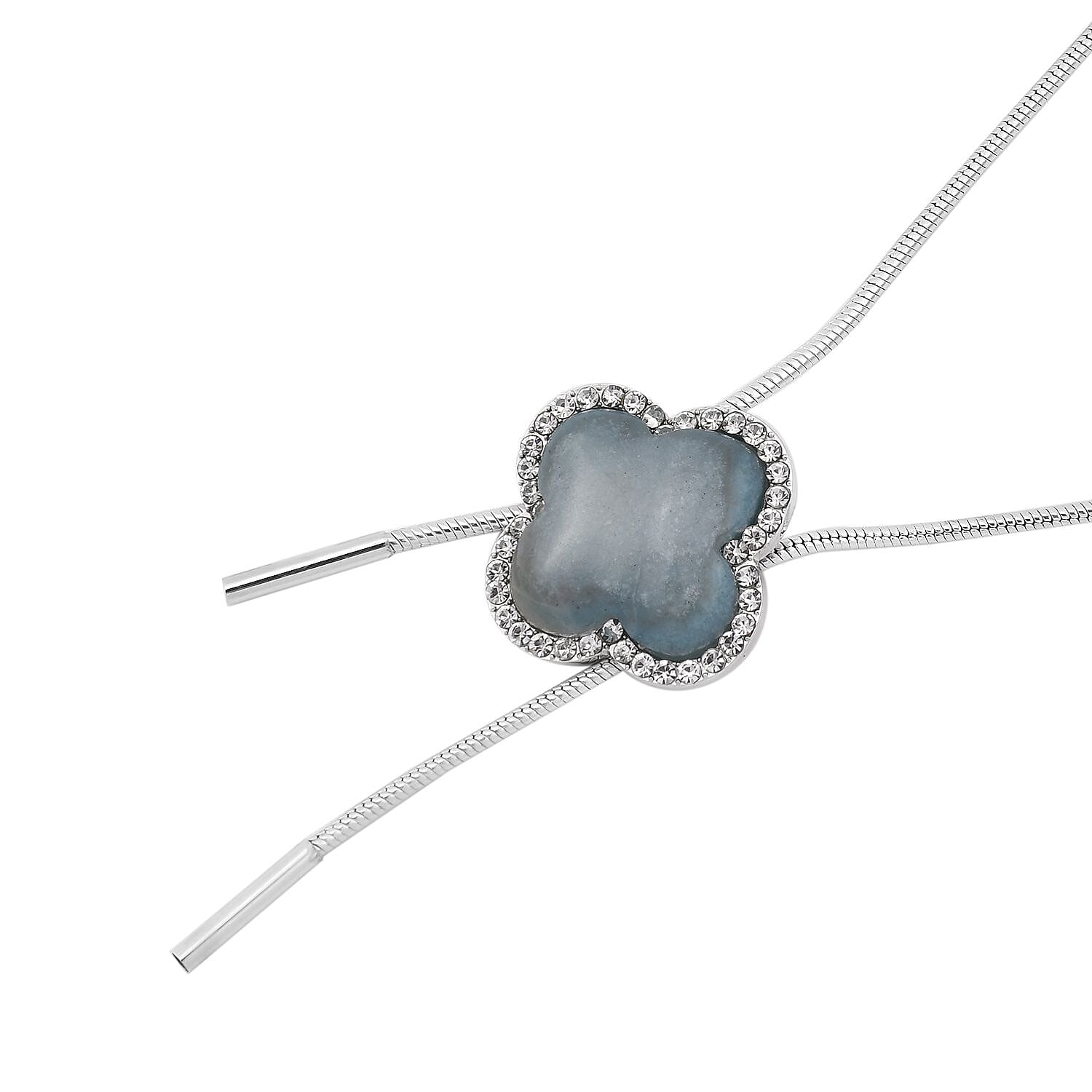 Dark Blue Amazonite and White Austrian Crystal Lariat Adjustable Necklace 18-36 Inches in Silvertone 30.00 ctw
