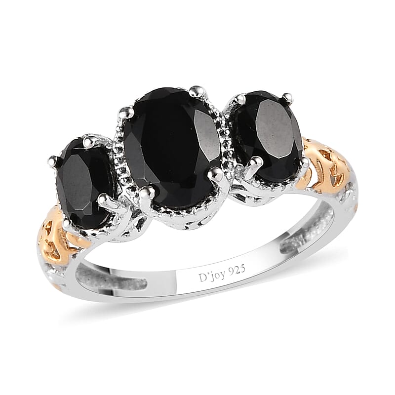 Thai Black Spinel 3 Stone Ring in 14K YG and Platinum Over Sterling Silver (Size 10.0) 2.85 ctw