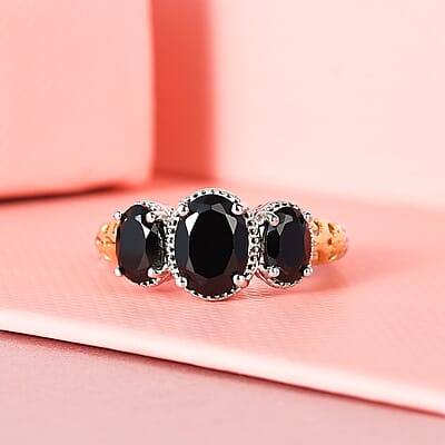 Thai Black Spinel 3 Stone Ring in 14K YG and Platinum Over Sterling Silver (Size 10.0) 2.85 ctw