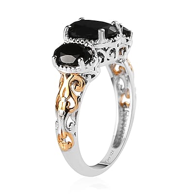 Thai Black Spinel 3 Stone Ring in 14K YG and Platinum Over Sterling Silver (Size 10.0) 2.85 ctw