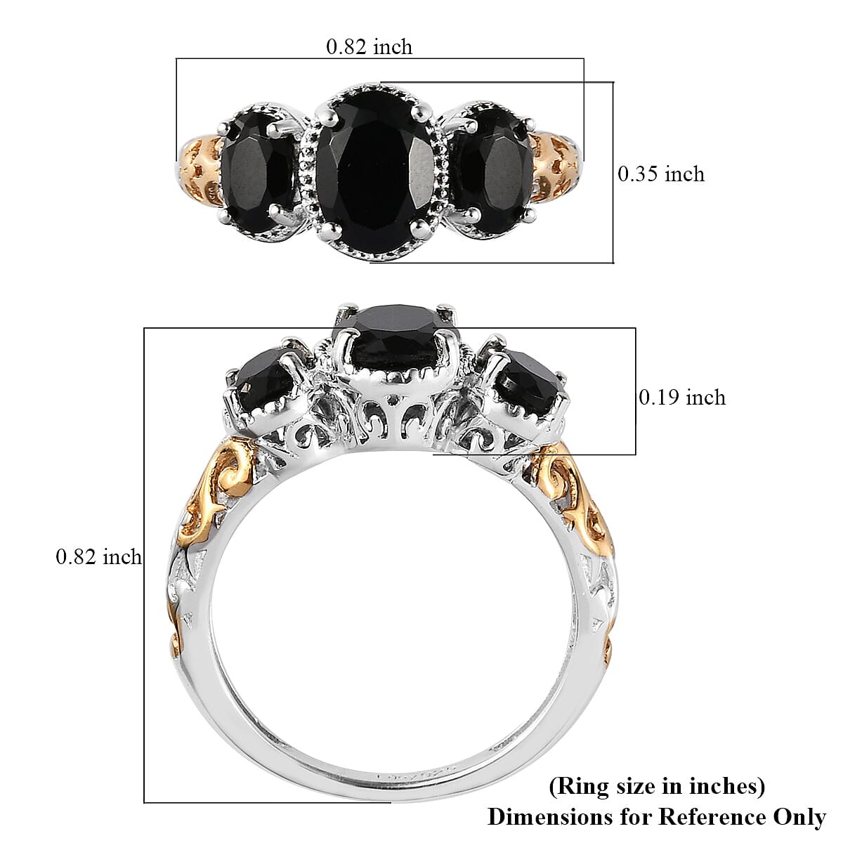 Thai Black Spinel 3 Stone Ring in 14K YG and Platinum Over Sterling Silver (Size 10.0) 2.85 ctw