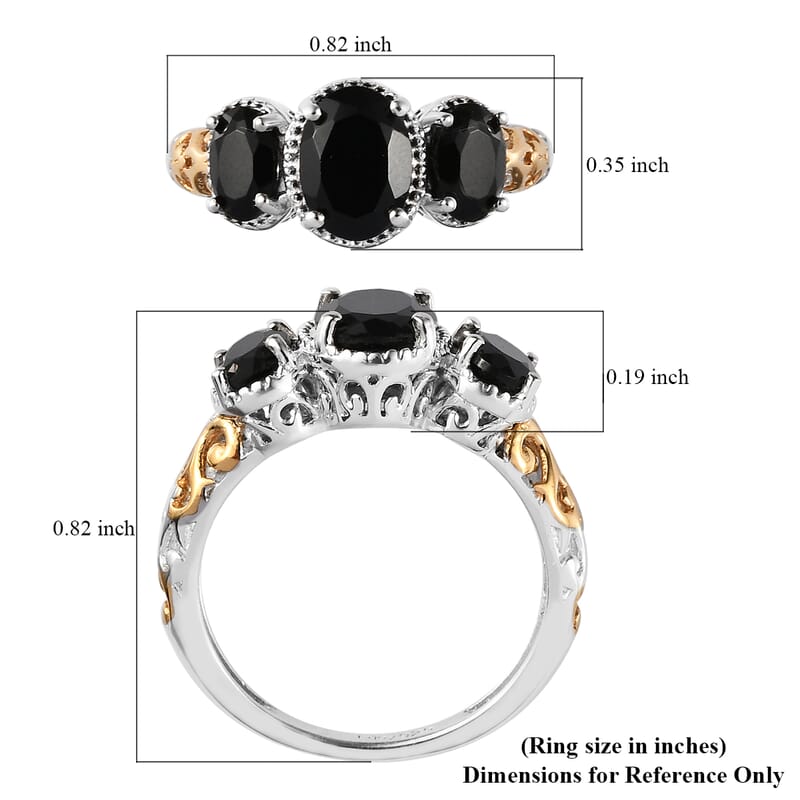 Thai Black Spinel 3 Stone Ring in 14K YG and Platinum Over Sterling Silver (Size 10.0) 2.85 ctw
