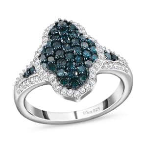 Blue and White Diamond 1.00 ctw Cluster Ring, Rhodium and Platinum Over Sterling Silver Ring, Blue Diamond Ring, Diamond Engagement Ring (Size 10.00)