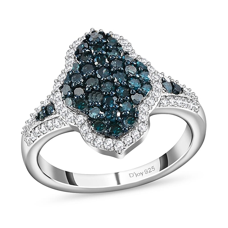 Blue and White Diamond 1.00 ctw Cluster Ring, Rhodium and Platinum Over Sterling Silver Ring, Blue Diamond Ring, Diamond Engagement Ring (Size 10.00)
