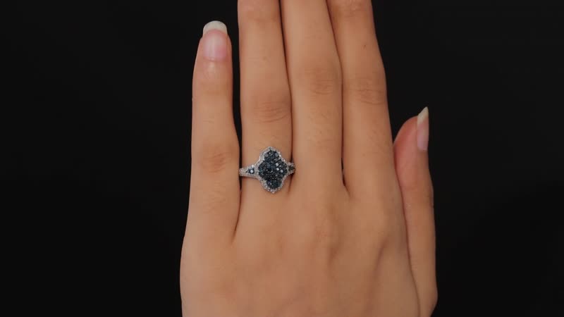 Blue Diamond and Diamond Cluster Ring in Rhodium and Platinum Over Sterling Silver 1.00 ctw