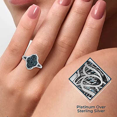Blue and White Diamond 1.00 ctw Cluster Ring, Rhodium and Platinum Over Sterling Silver Ring, Blue Diamond Ring, Diamond Engagement Ring (Size 10.00)