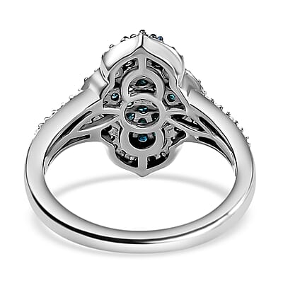 Blue and White Diamond 1.00 ctw Cluster Ring, Rhodium and Platinum Over Sterling Silver Ring, Blue Diamond Ring, Diamond Engagement Ring (Size 10.00)