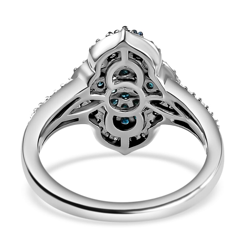 Blue and White Diamond 1.00 ctw Cluster Ring, Rhodium and Platinum Over Sterling Silver Ring, Blue Diamond Ring, Diamond Engagement Ring (Size 10.00)