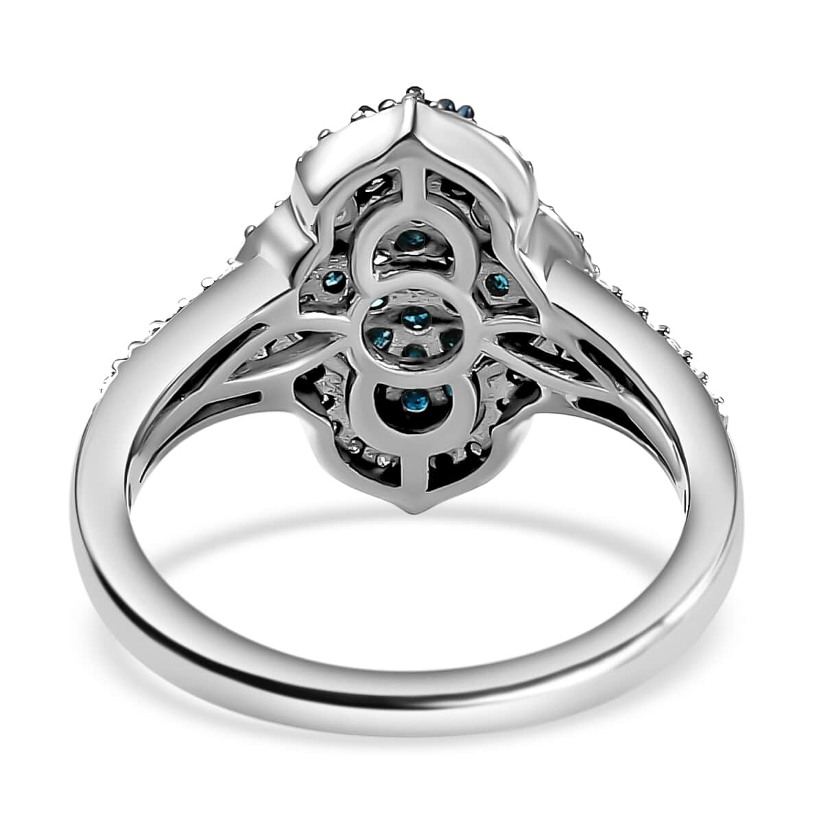 Blue Diamond and Diamond Cluster Ring in Rhodium and Platinum Over Sterling Silver 1.00 ctw image number 4