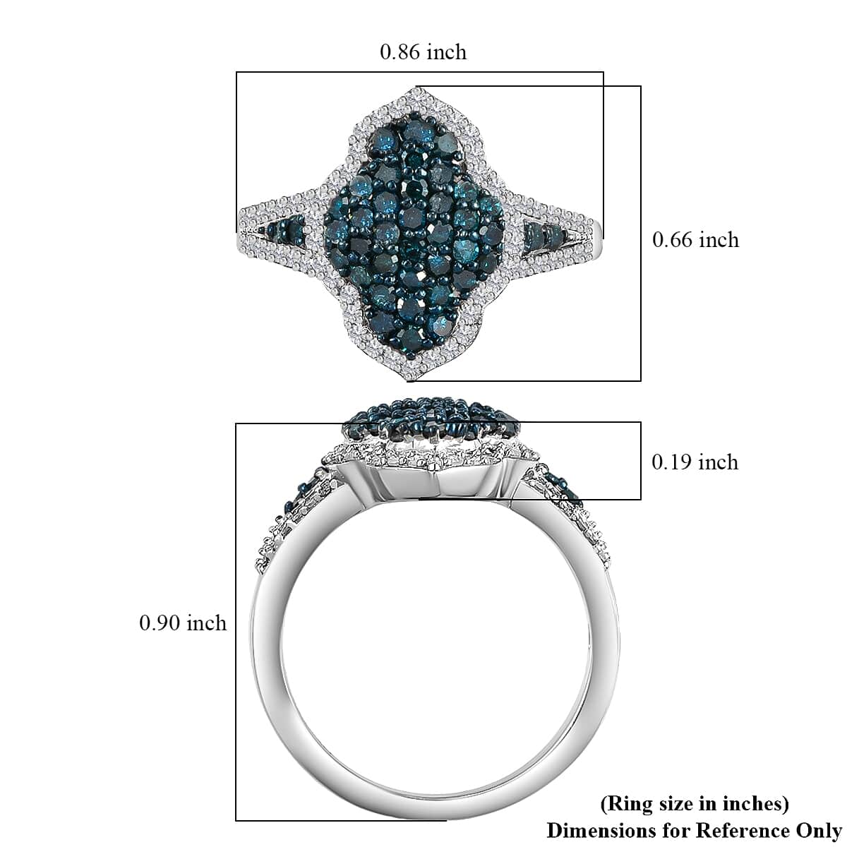 Blue Diamond and Diamond Cluster Ring in Rhodium and Platinum Over Sterling Silver 1.00 ctw image number 5