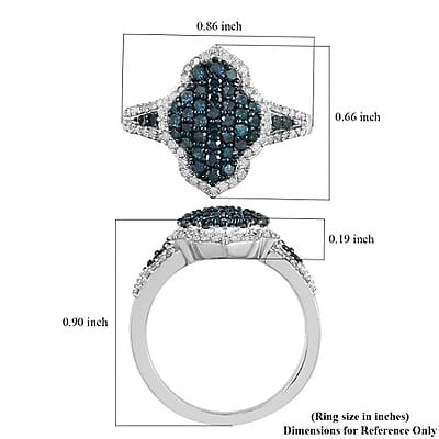 Blue and White Diamond 1.00 ctw Cluster Ring, Rhodium and Platinum Over Sterling Silver Ring, Blue Diamond Ring, Diamond Engagement Ring (Size 10.00)