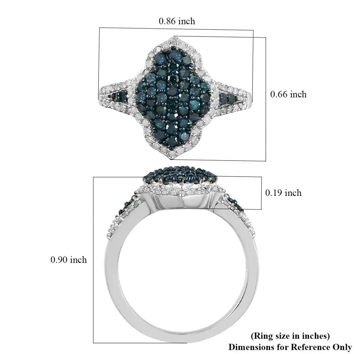Blue Diamond and Diamond Cluster Ring in Rhodium and Platinum Over Sterling Silver 1.00 ctw image number 6