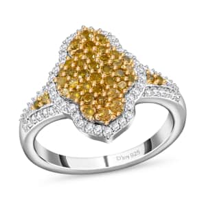 Yellow and White Diamond Cluster Ring,  Rhodium and Platinum Over Sterling Silver Ring, Yellow Diamond Ring, Diamond Engagement Ring 1.00 ctw