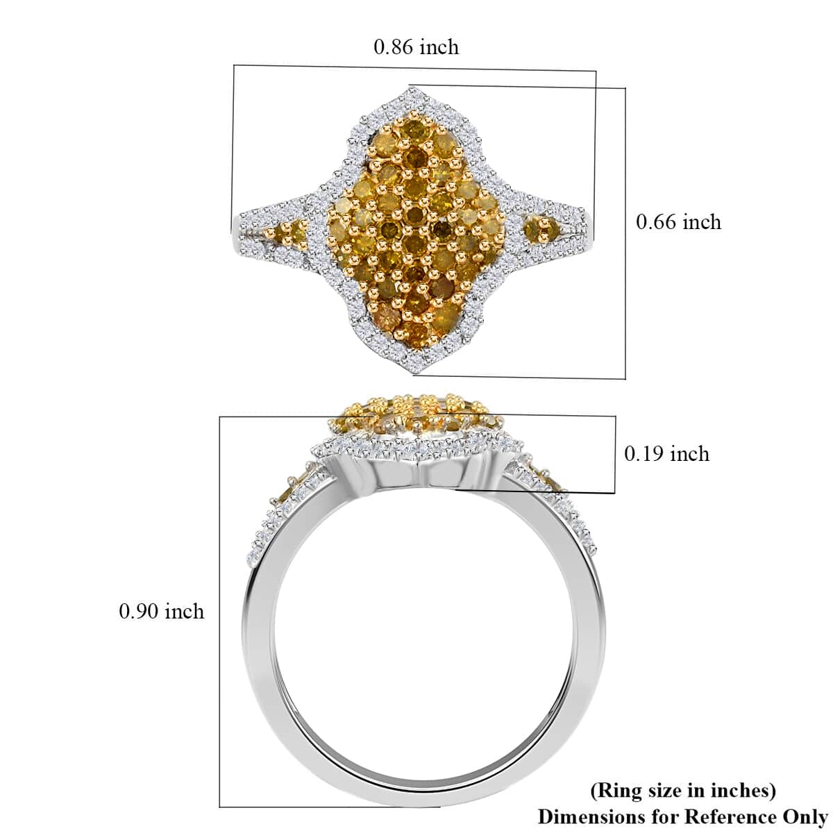Yellow and White Diamond Cluster Ring,  Rhodium and Platinum Over Sterling Silver Ring, Yellow Diamond Ring, Diamond Engagement Ring 1.00 ctw image number 6