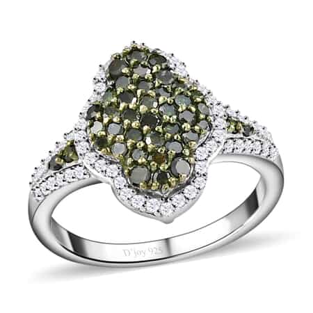Green and White Diamond Cluster Ring,  Rhodium and Platinum Over Sterling Silver Ring, Green Diamond Ring, Diamond Engagement Ring 1.00 ctw image number 0