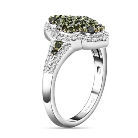 Green and White Diamond Cluster Ring,  Rhodium and Platinum Over Sterling Silver Ring, Green Diamond Ring, Diamond Engagement Ring 1.00 ctw image number 4
