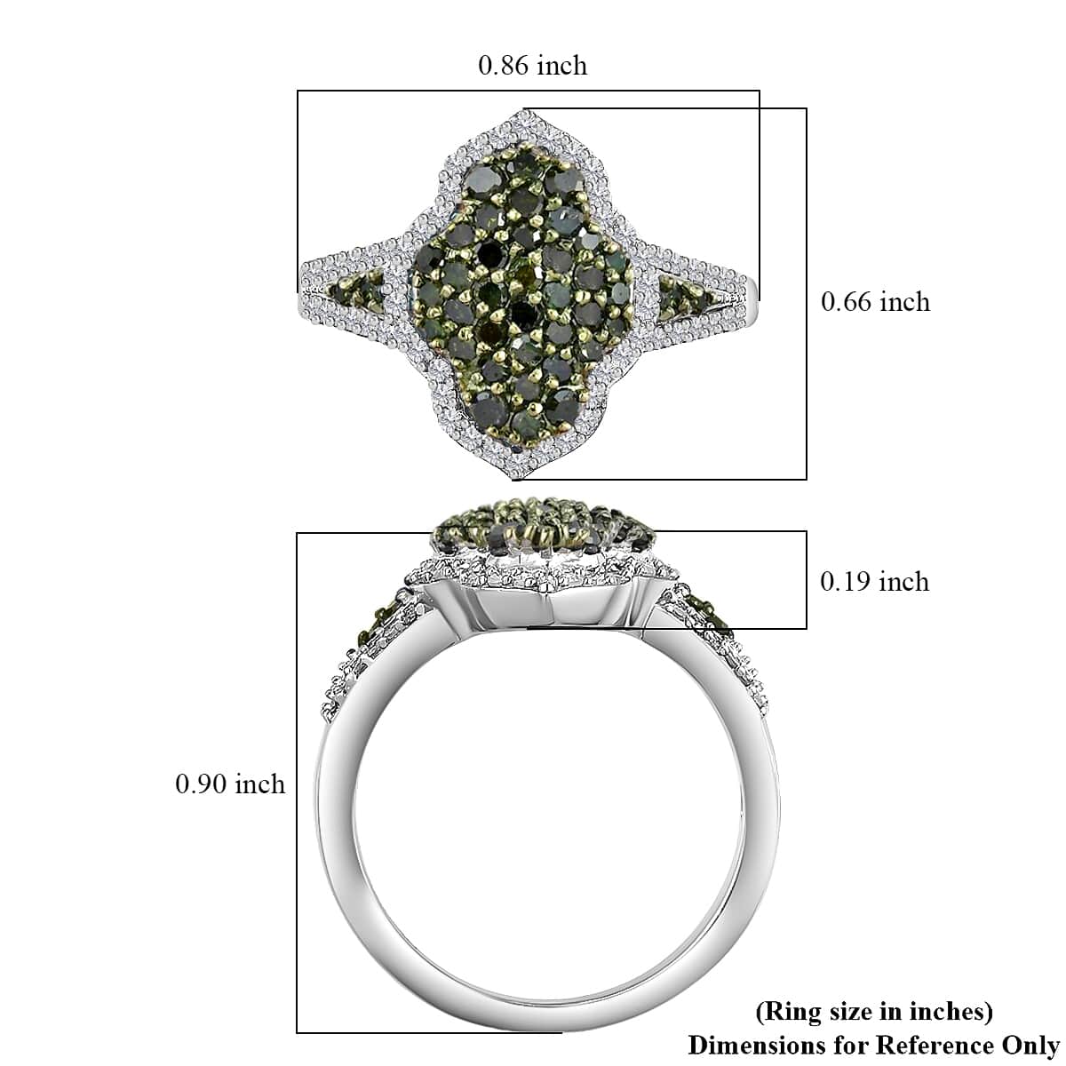 Green and White Diamond Cluster Ring,  Rhodium and Platinum Over Sterling Silver Ring, Green Diamond Ring, Diamond Engagement Ring 1.00 ctw image number 6
