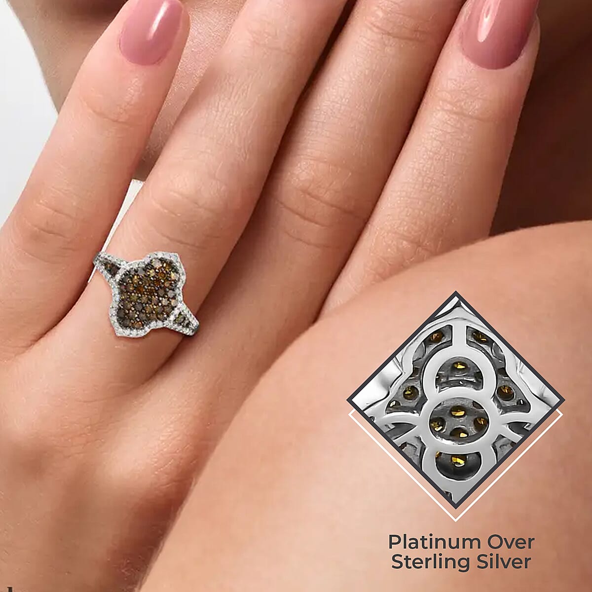 Red and White Diamond Cluster Ring,  Rhodium and Platinum Over Sterling Silver Ring, Red Diamond Ring, Diamond Engagement Ring 1.00 ctw image number 2