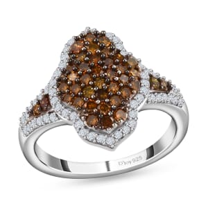 Red and White Diamond 1.00 ctw Cluster Ring, Rhodium and Platinum Over Sterling Silver Ring, Red Diamond Ring, Diamond Engagement Ring (Size 7.0)