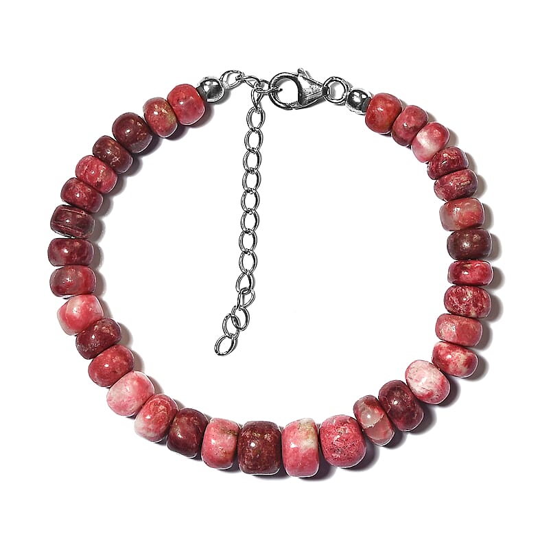 Norwegian Thulite Beaded Bracelet in Rhodium Over Sterling Silver (7.25-9.25In) 85.00 ctw