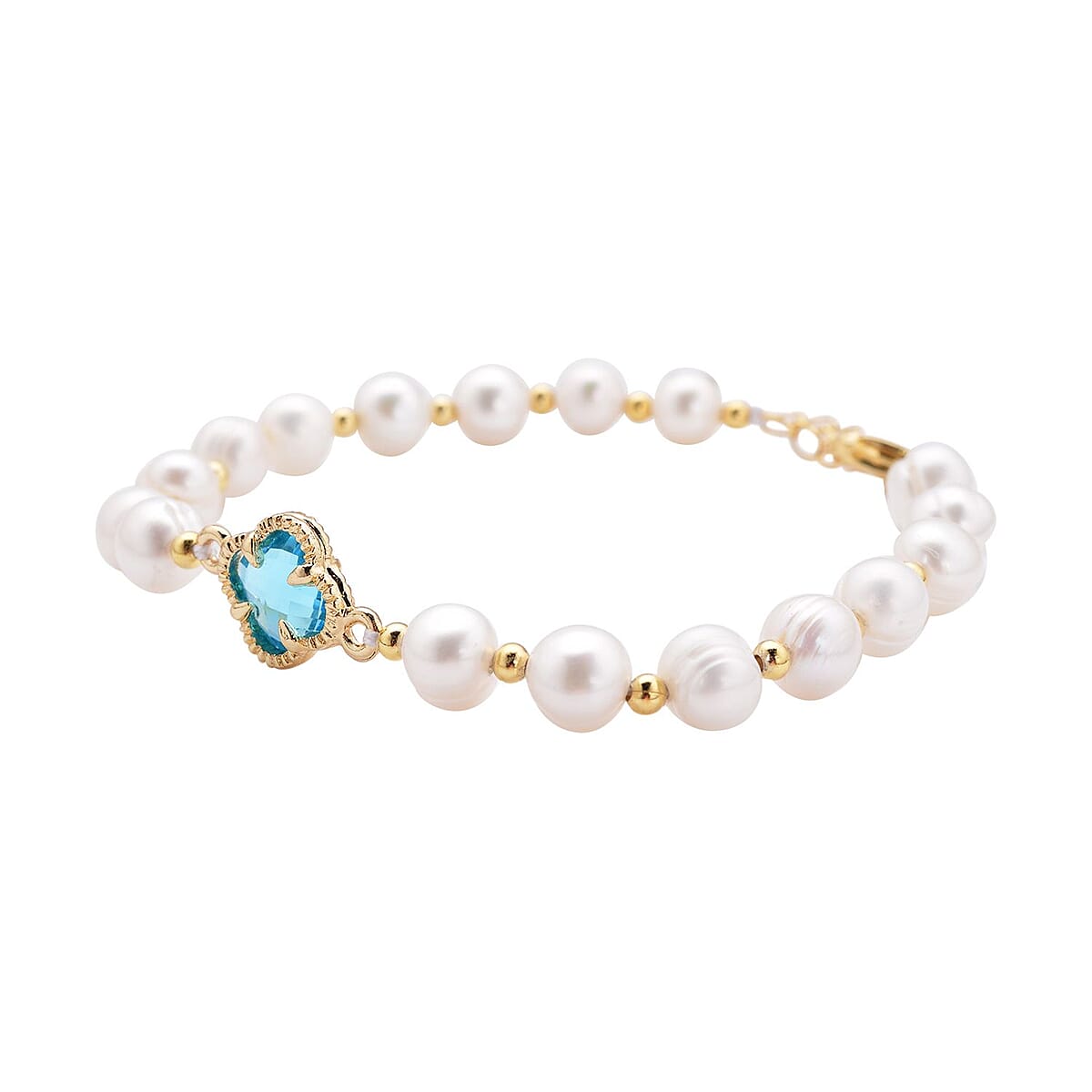 Simulated Blue Sapphire and White Freshwater Pearl Bracelet With Four Clover Leaf Charm in Goldtone Lobster Clasp (7.5-9.5-In) image number 2