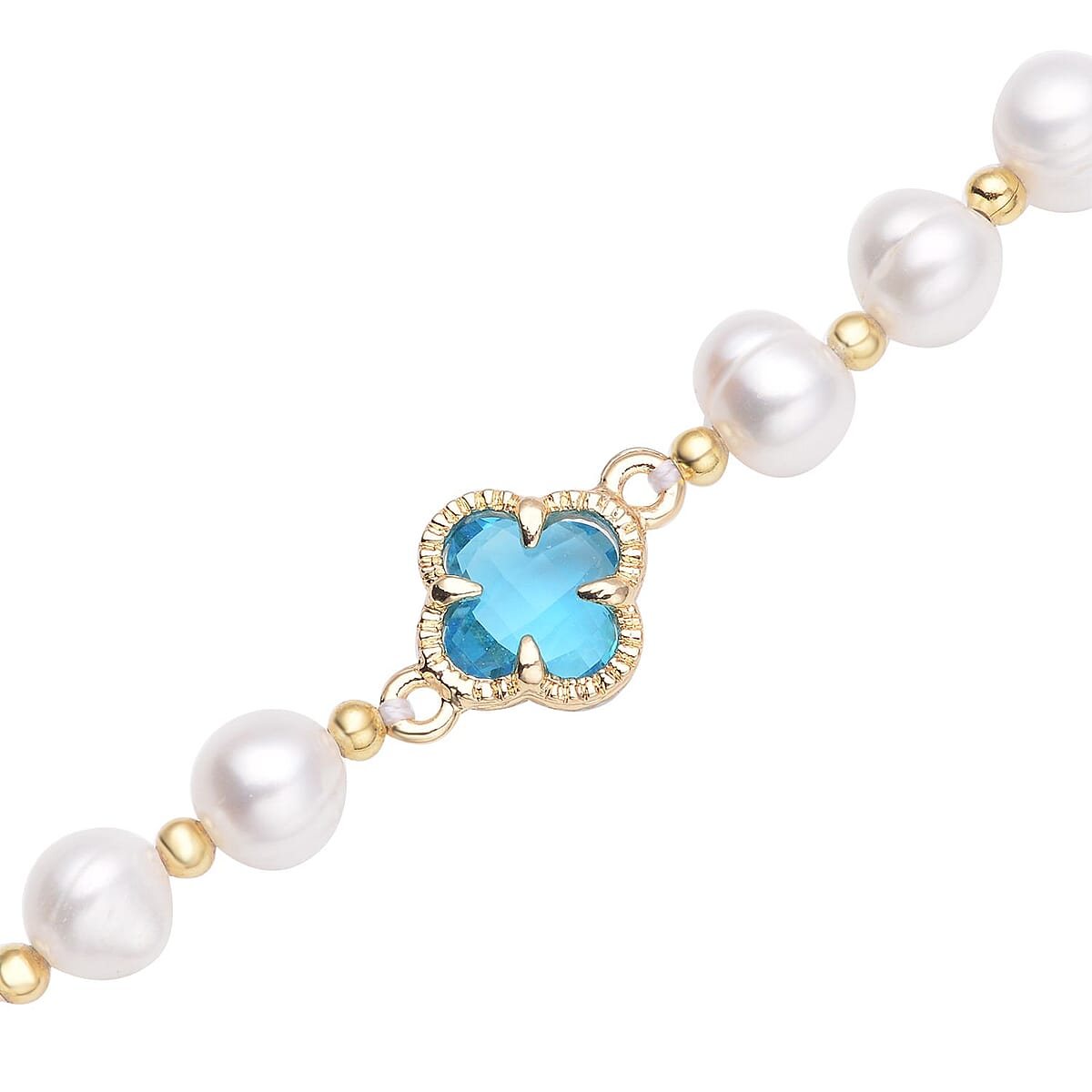 Simulated Blue Sapphire and White Freshwater Pearl Bracelet With Four Clover Leaf Charm in Goldtone Lobster Clasp (7.5-9.5-In) image number 3