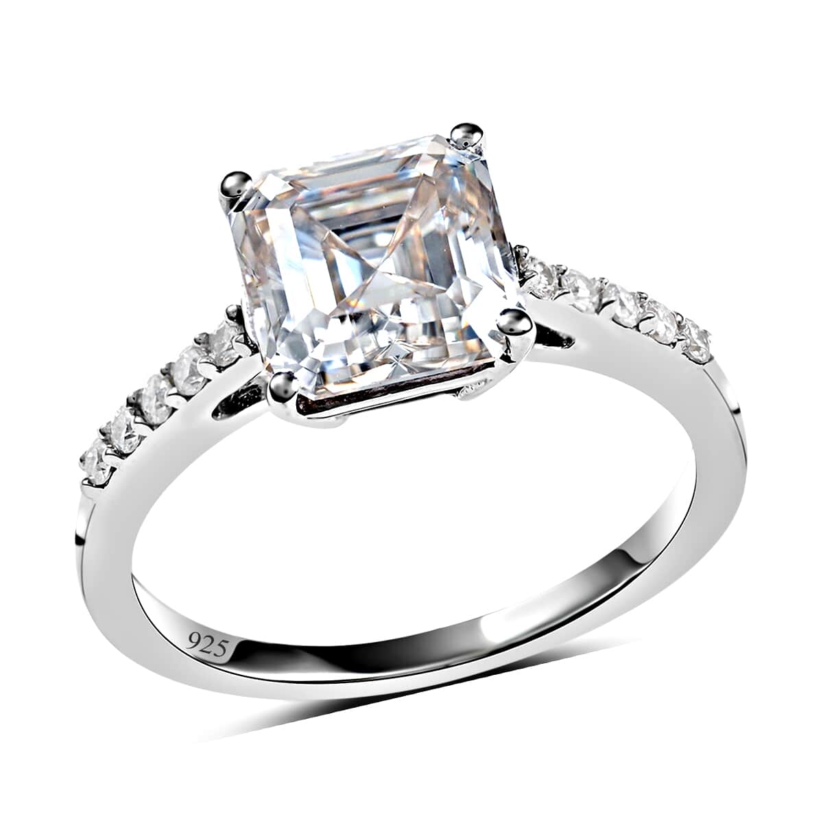 Asscher Cut White Moissanite VS-EF Ring in Sterling Silver (Size 5.0) 2.65 ctw image number 0